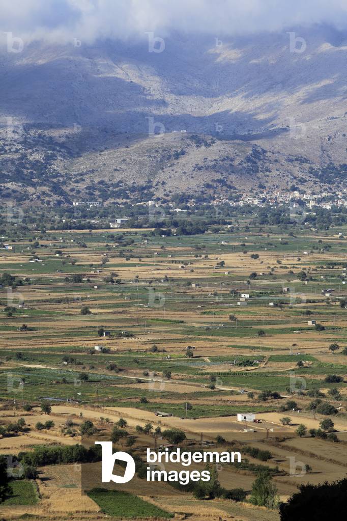 Panorama of the Lassithi Plateau in Crete , The Lasithi Plateau, Greece.