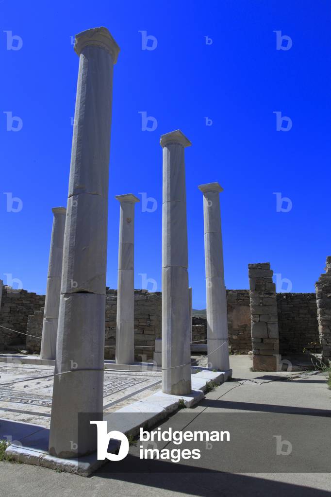 Archaeological site of Delos. Courtyard and peristyle of the house of Dionysos in the The theater quarter. 2nd Century BC.