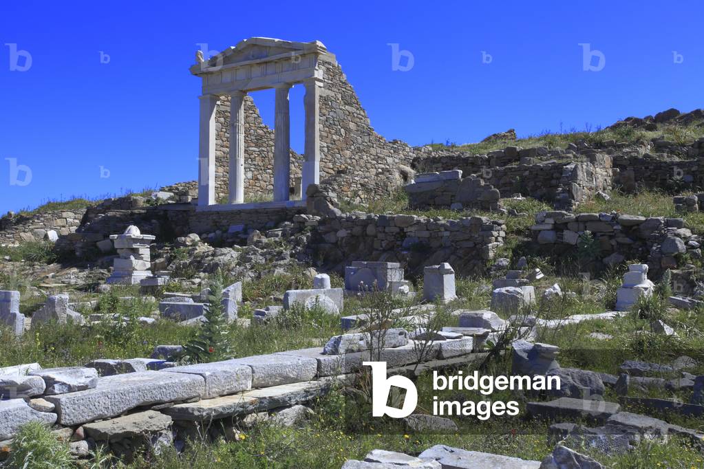 Archaeological site of Delos. Temple of Isis, egyptian godess. Simple Doric temple with two column in antis . 2nd century BC.