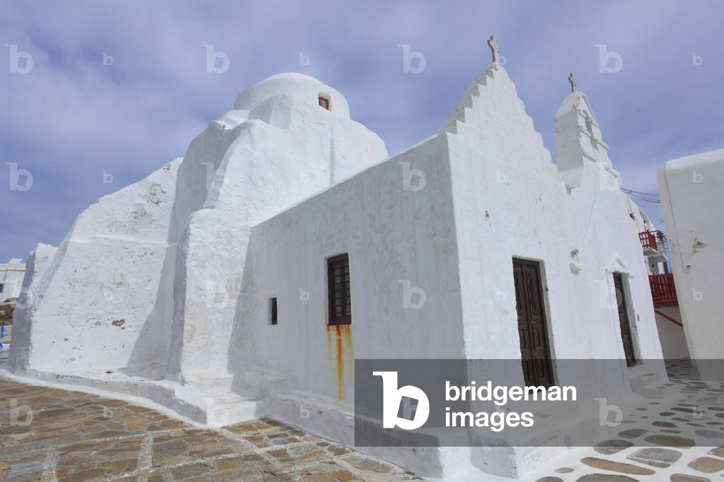 Church of Panagia Paraportiani from behind, Mykonos. Cyclades, Mykonos, Greek islands, Aegean sea.