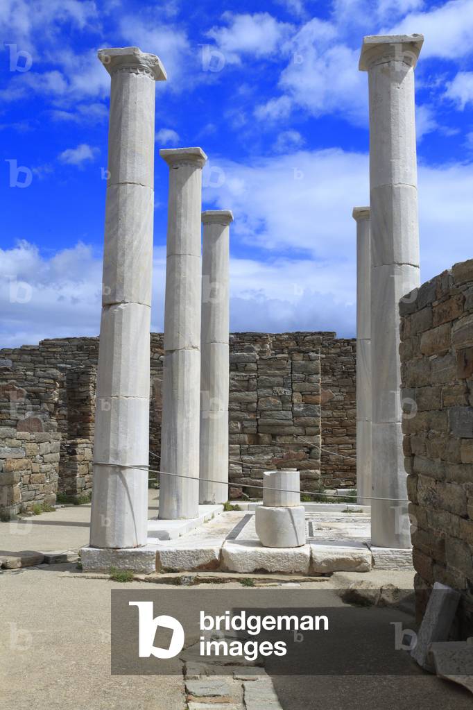 Archaeological site of Delos. Courtyard and peristyle of the house of Dionysos in the The theater quarter. 2nd Century BC.