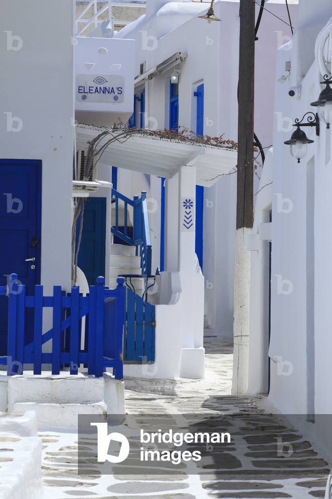 Streets and houses in the main village of Mykonos town (Chora) . Cyclades, Mykonos, Greek islands, Aegean sea.