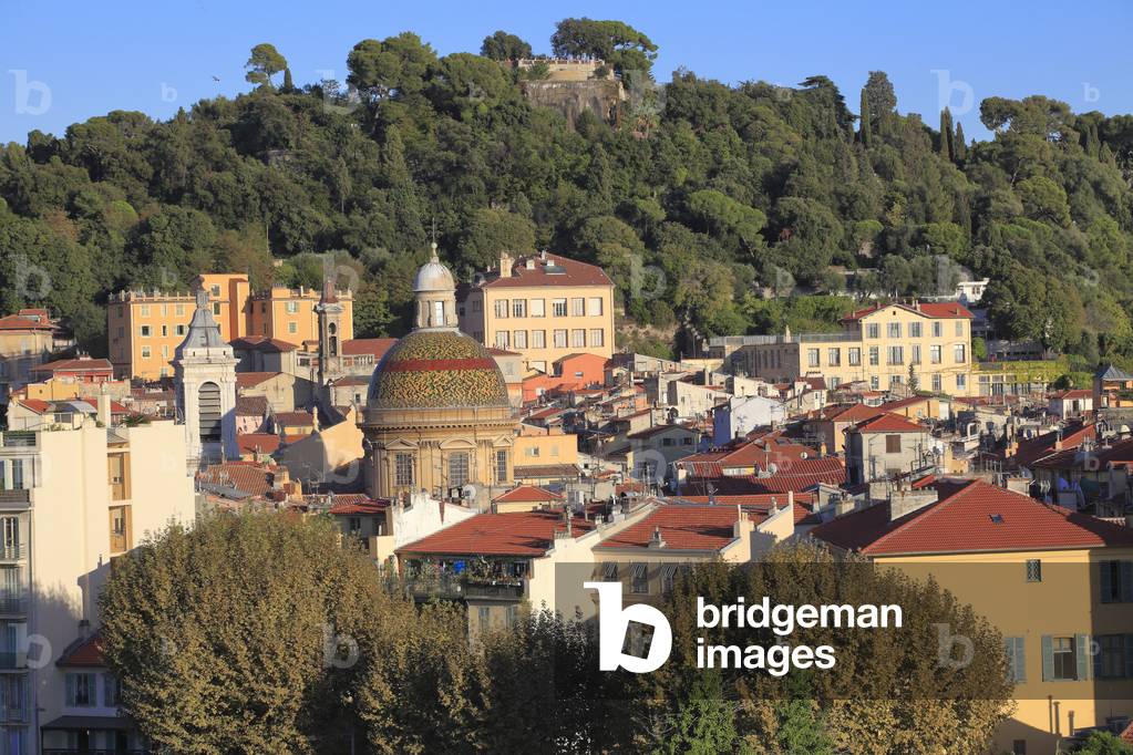 Nice. Old town and the hill of the castle. The cathedral  'Sainte reparate'.  French Riviera (Alpes-Maritimes), France.
