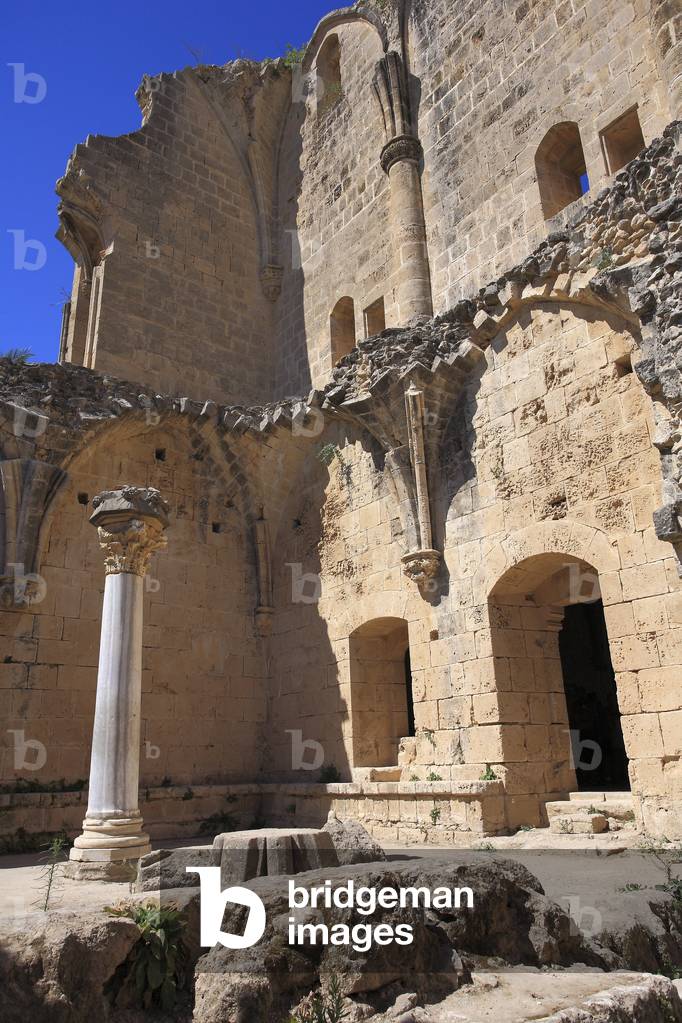 Remains of the Chapter room of Bellapais Abbey, or “” The Abbey of Peace”” (from English: Abbaye de la Belle Paix) Ruins of a monastery built by Canons Regular in the 13th century Kyrenia Region (Girne) North of Cyprus (Turkey)