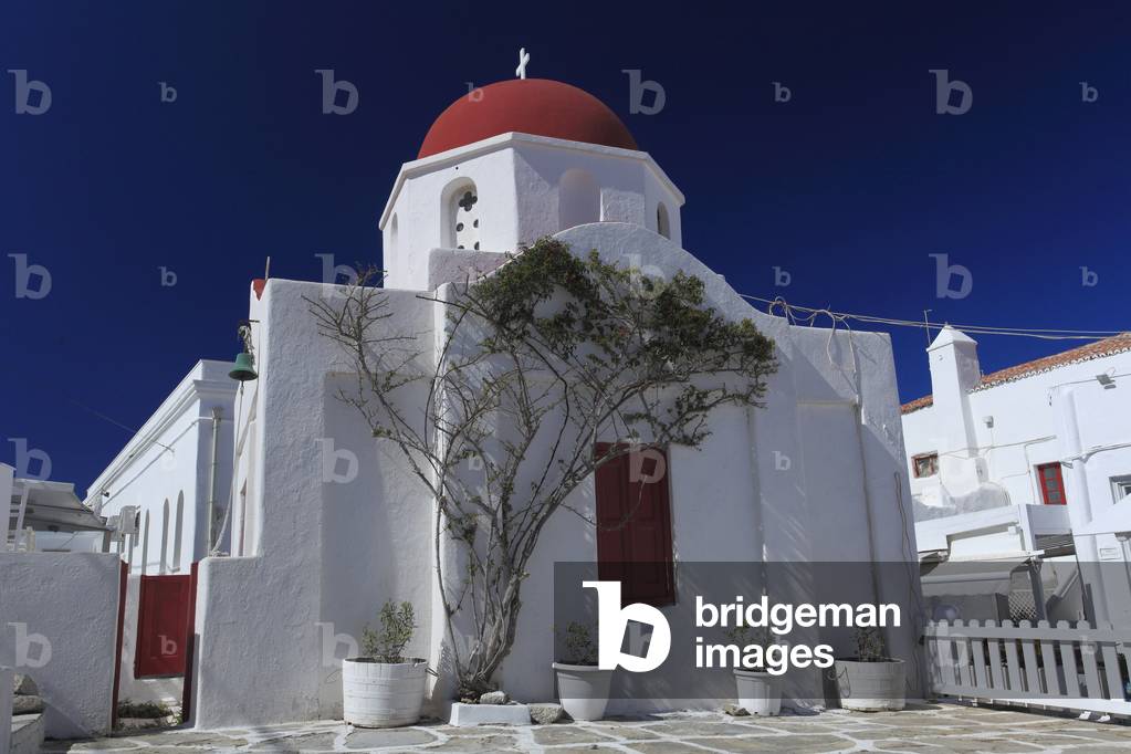 Orthodox Church in the main village of Mykonos town (Chora) . Cyclades, Mykonos, Greek islands, Aegean sea.