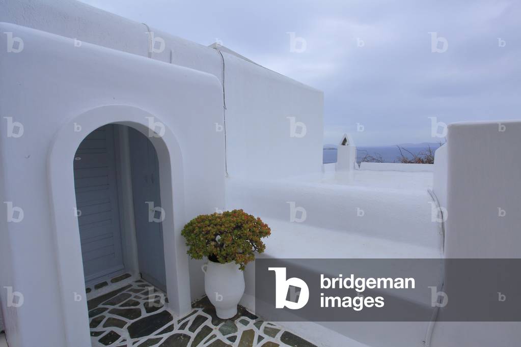 Terraces and architecture in the main village of Mykonos town (Chora) . Cyclades, Mykonos, Greek islands, Aegean sea.