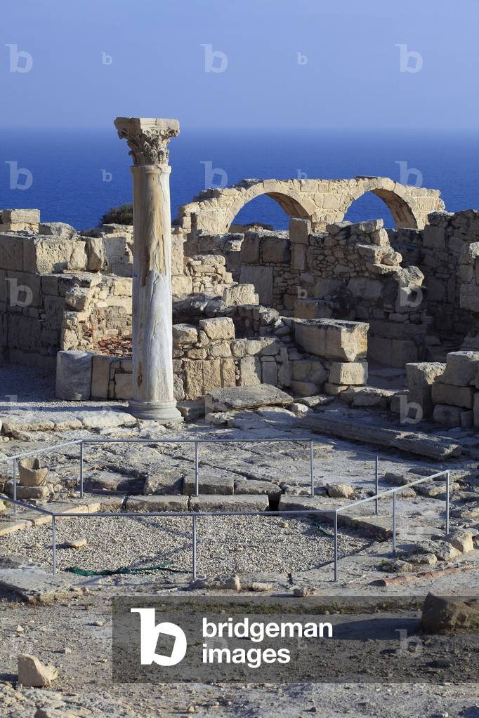 Ruins of the atrium with a hexagonal fountain, belonging to the baptistry, and the bishop's palace Kourion (Curium), Greco-Roman and Christian archological site 5th century AD Cyprus