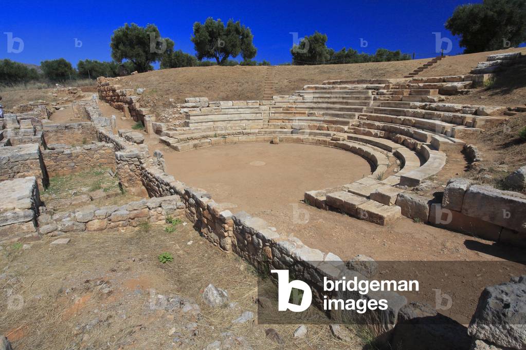 The ancien theater of Aptera. Seating section (cavea), orchestra and remains of the wall of the roman scene.  Hellenistic and roman period. Crete, Greece.