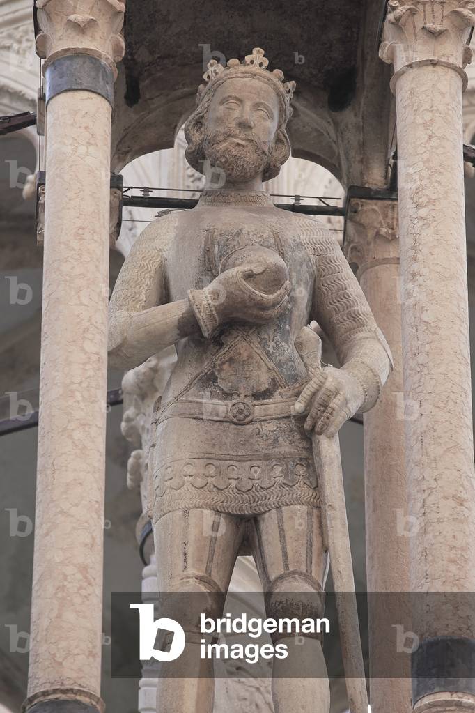 The Scaliger (Scaligeri) tombs. Detail of the tomb of Cansignorio: sculptural detail depicting King Sigismund. Gothic monument