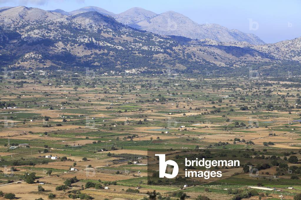 Panorama of the Lassithi Plateau in Crete , The Lasithi Plateau, Greece.