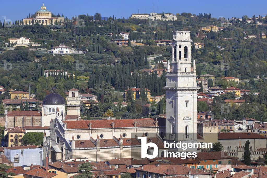 Historical downtown of Verona, Cathedral St Mary of Assumption, Duomo, At the background, Church of saint Giorgio in Braida and the Shrine of Our Lady of Lourdes on the Hill of San Leonardo Verona, Veneto, Italy, 2019 (photo)