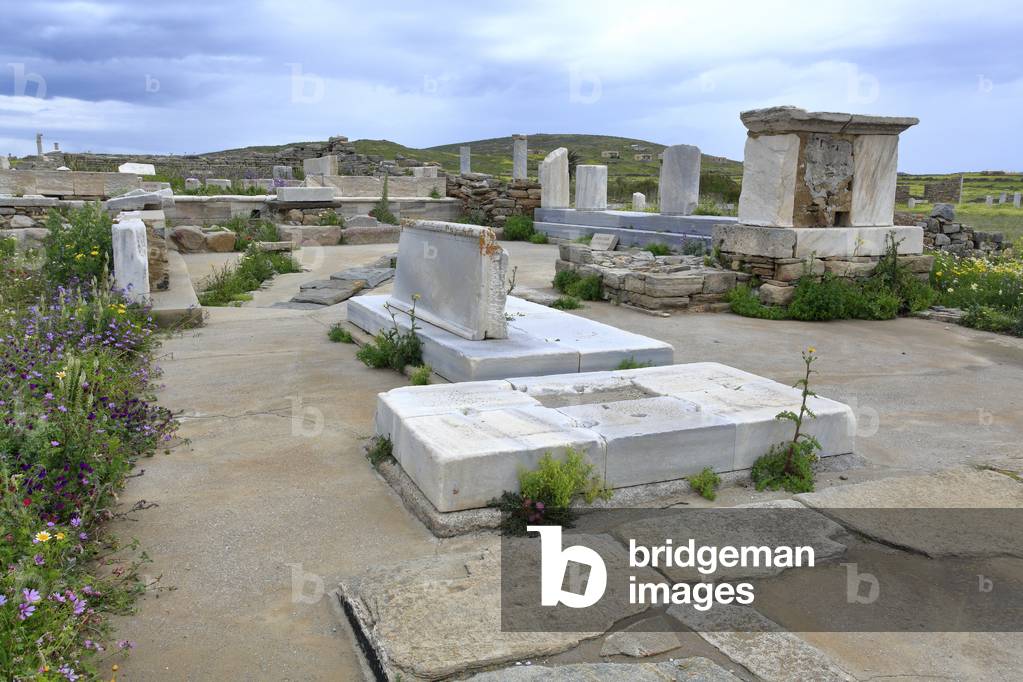 Archaeological site of Delos. Agora of the italians and Temple of Leto at the back.