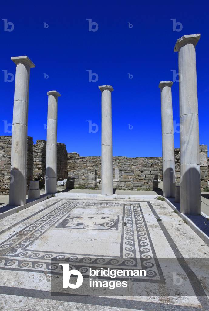 Archaeological site of Delos. Courtyard and peristyle of the house of Dionysos in the The theater quarter. 2nd Century BC.