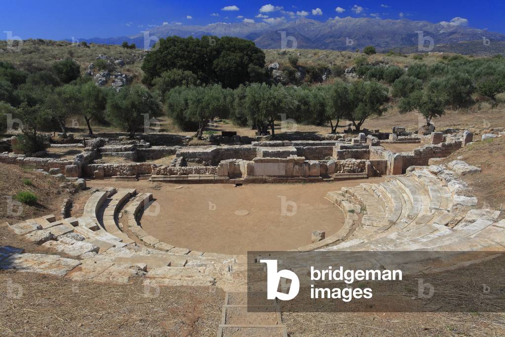 The ancien theater of Aptera. Seating section (cavea) and the orchestra from the stage.  Hellenistic and roman period. Crete, Greece