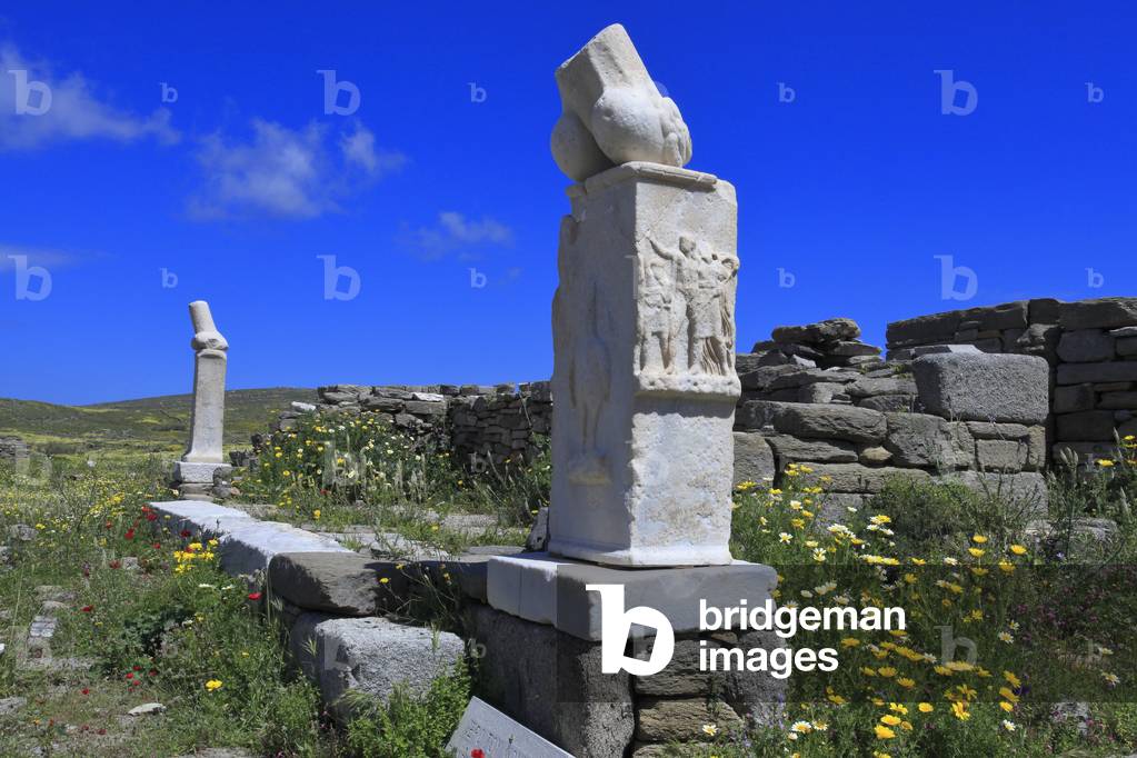 Archaeological site of Delos. Small temple dedicated to Dionysus with two phallic monuments. 2nd Century BC.