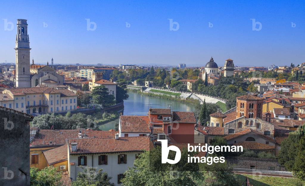 Historical downtown of Verona, Adige River, Cathedral St Mary of Assumptio, Church Santo Stefano and San Giorgio in Braida, Verona, Veneto, Italy, 2019 (photo)