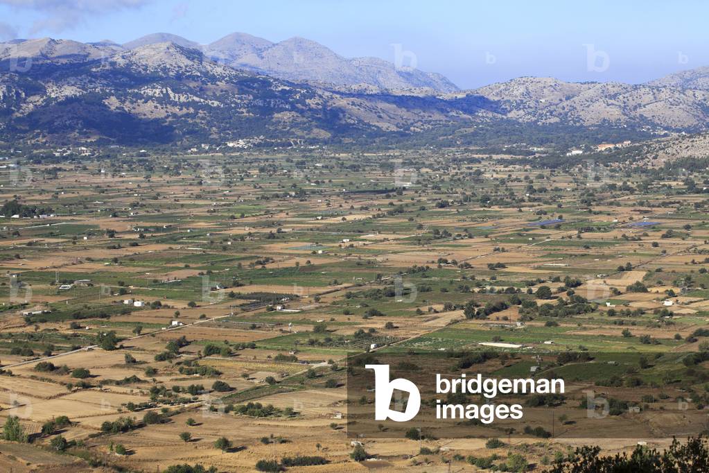 Panorama of the Lassithi Plateau in Crete , The Lasithi Plateau, Greece.