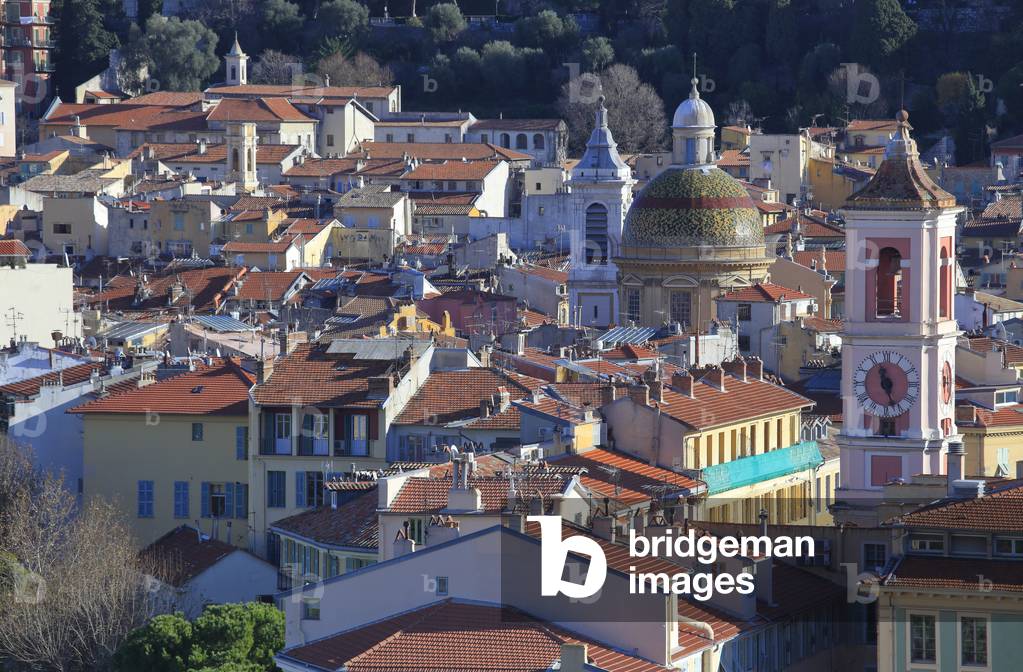 Nice. Old town. The clock Tower (Tower Saint François) and The cathedral  'Sainte reparate'.  French Riviera (Alpes-Maritimes), France.