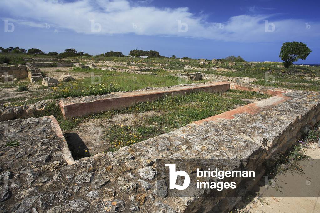 Temple room with benches covered with the same red waterproof coating of bathtubs and bathrooms/Punic site/Kerkouane/UNESCO site