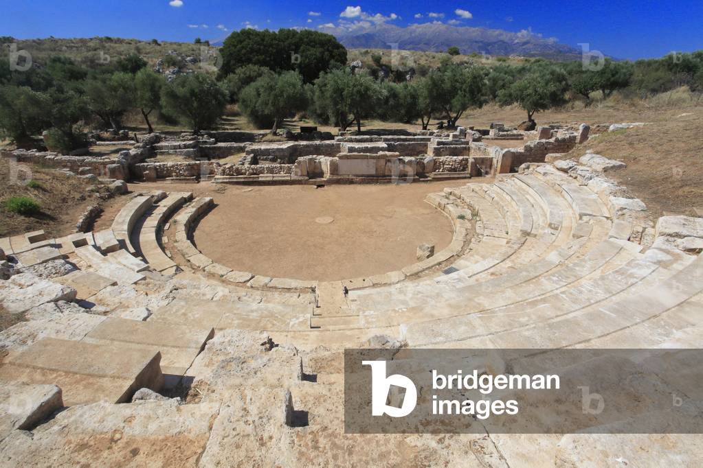 The ancien theater of Aptera. Seating section (cavea) and the orchestra from the stage.  Hellenistic and roman period. Crete, Greece