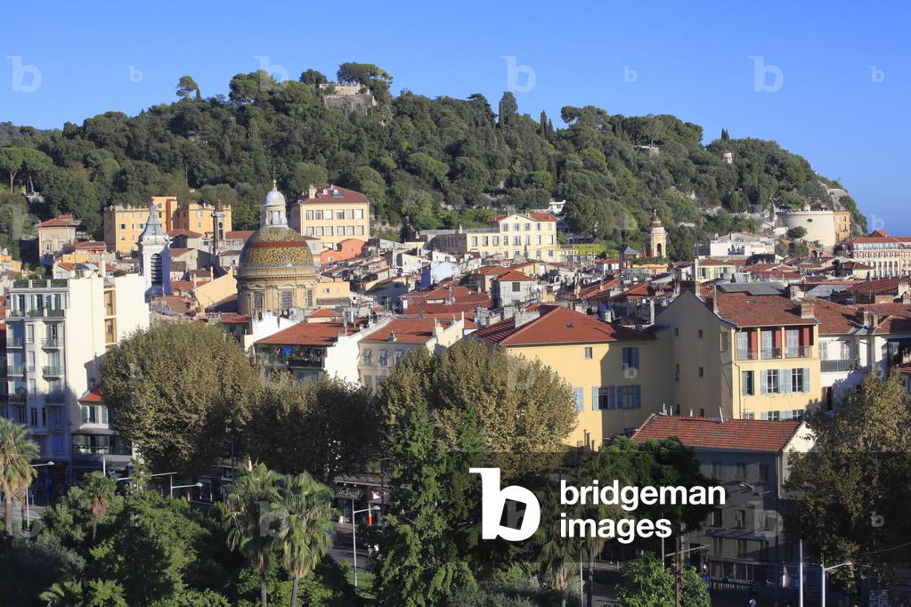 Nice. Old town. and the hill of the castle. The cathedral      ' Sainte reparate'.  French Riviera (Alpes-Maritimes), France.