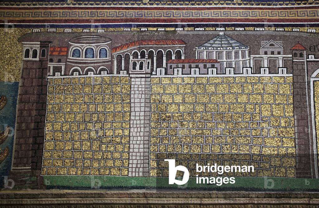 Detail of port of Classe (ancien port of Ravenna). Byzantine mosaic from the 6th century AD. Basilica of Sant' Apollinare Nuovo, Ravenne, Italy. Church inscribed on the World Heritage List -