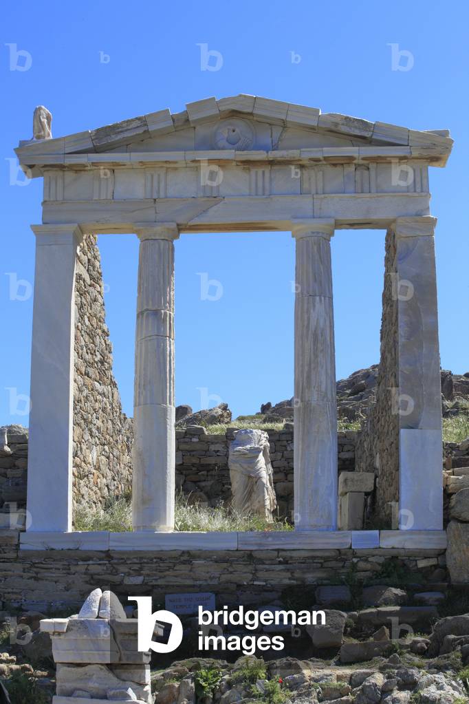 Archaeological site of Delos. Temple of Isis, egyptian godess. Simple Doric temple with two column in antis. Statue of the goddess. 2nd century BC.