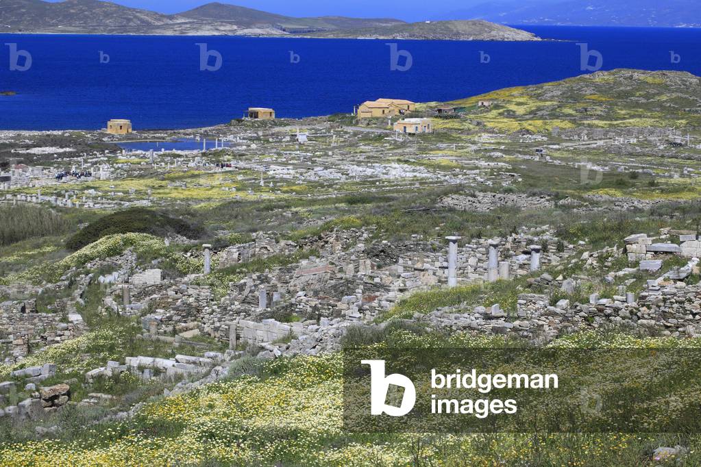 Archaeological site of Delos. General view upon the Iponos quarter and the sanctuary of Apollo. 2nd century BC.