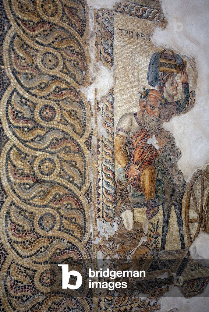 Detail and geometric pattern from the panel depicting a solemn procession of the young Dionysos through the world - Tropheus, the tutor, and a girl carrying a basket on her head - Paphos Mosaics, House of Aion, 3rd Century AD - Cyprus - Detail and geometric figures of the Mosaic depicting the cortege of the young Dionysos back from India - the satyre tropheus, Tutor of Dionysos following the tank and a woman carrying a basket on her head - Mosaics of Paphos, Aion House - 3rd Century after JC - UNSCO Site - Cyprus