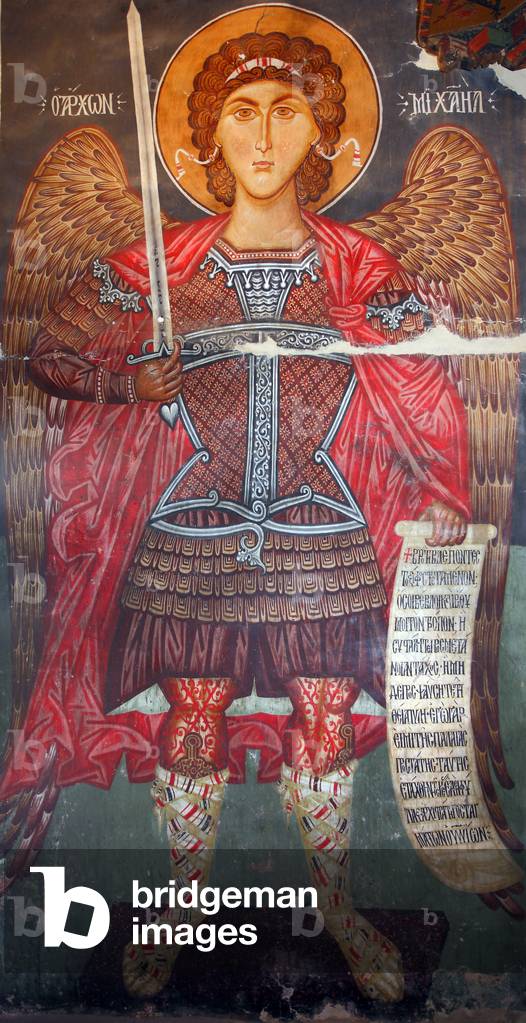The Byzantine Fresco from the 15th century (detail) Michael archangel Wall painting Michael Archangel Church in Pedoulas Cyprus Painted churches UNESCO site Troodos, Cyprus
