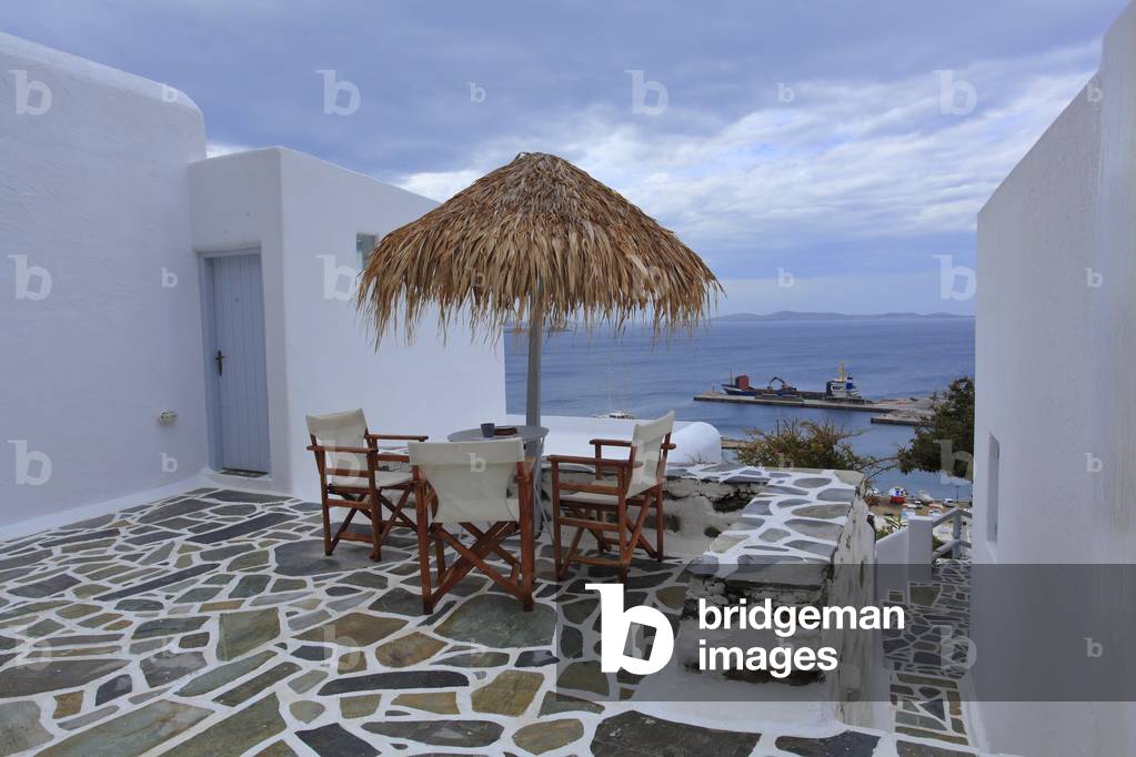 Terraces and architecture in the main village of Mykonos town (Chora) . Cyclades, Mykonos, Greek islands, Aegean sea.