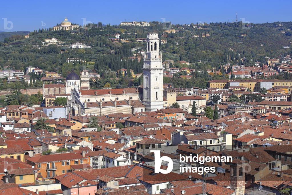 Panorama of Historical downtown of Verona, Cathedral St Mary of Assumption Church of Saint Giorgio in Braida and the Shrine of Our Lady of Lourdes on the Hill of San Leonardo, Verona, Veneto, Italy, 2019 (photo)