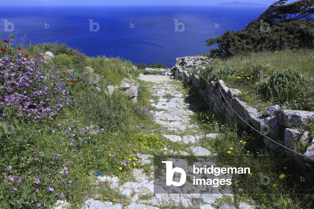 Ancient Thera. Wide road leading to the building identified as the seat of the commander of the Ptolemaic garrison, 3rd century BC.