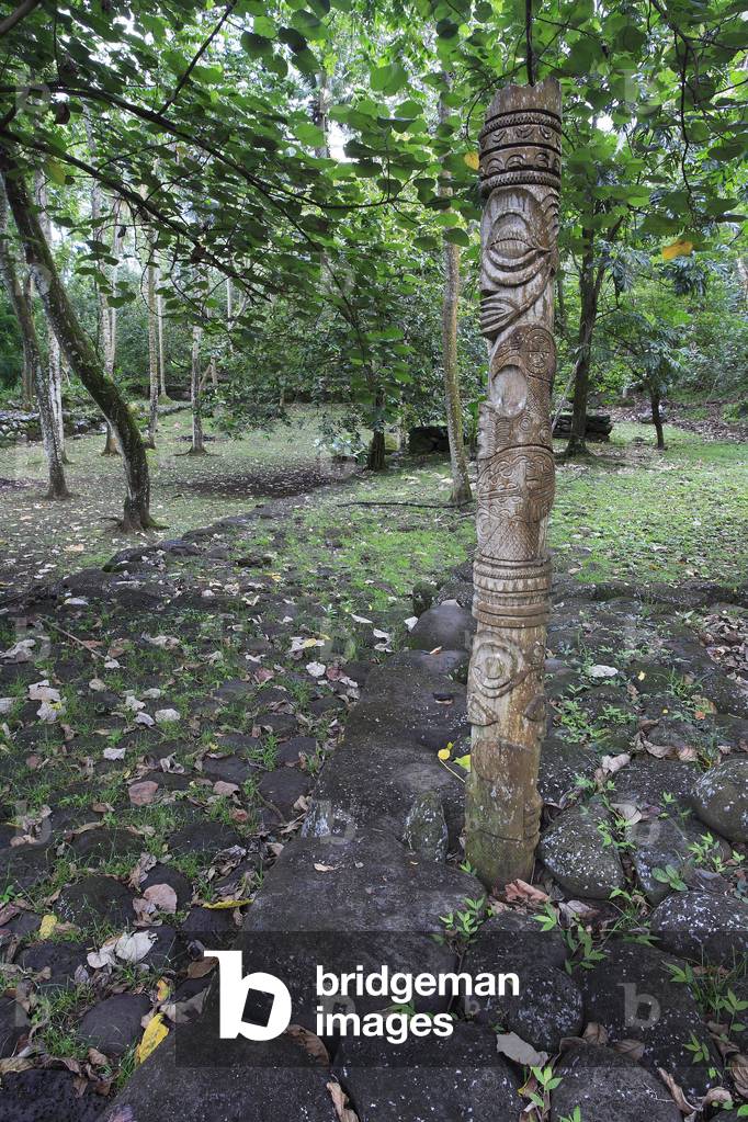 Paepae (platform serving as a terrace and floor for homes) with a pole carved in a coconut tree trunk by a local artist/Archaeological site of Hatiheu/islands of Nuku Hiva/Archipelago of the Marquises/French Polynesia