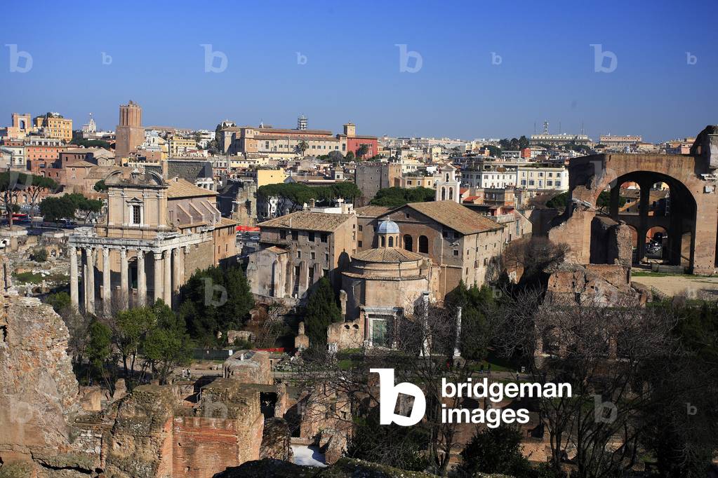 General view of the forum from the Palatine. The Basilica of Maxence, the Temle of Romulus and the Temple of Antonin and Faustina (from left to right)/The Forum/Rome/UNESCO Site