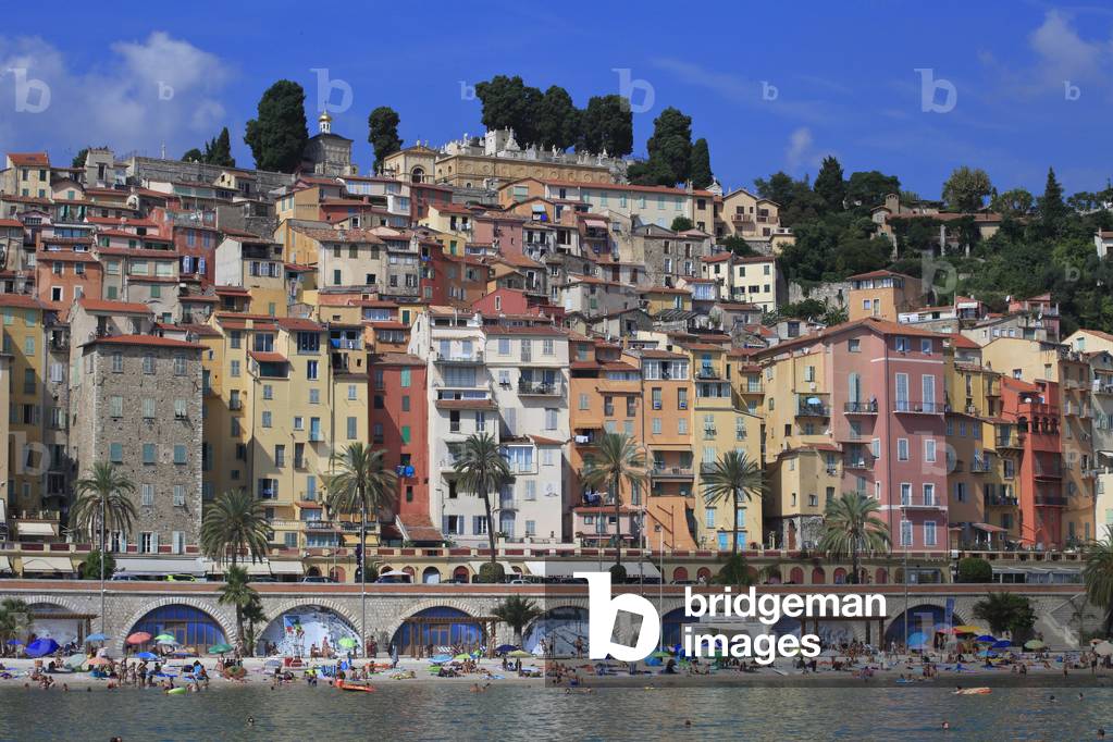 Old town in Menton and the beach 