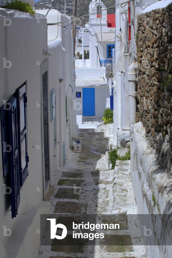 Streets and houses in the main village of Mykonos town (Chora) . Cyclades, Mykonos, Greek islands, Aegean sea.