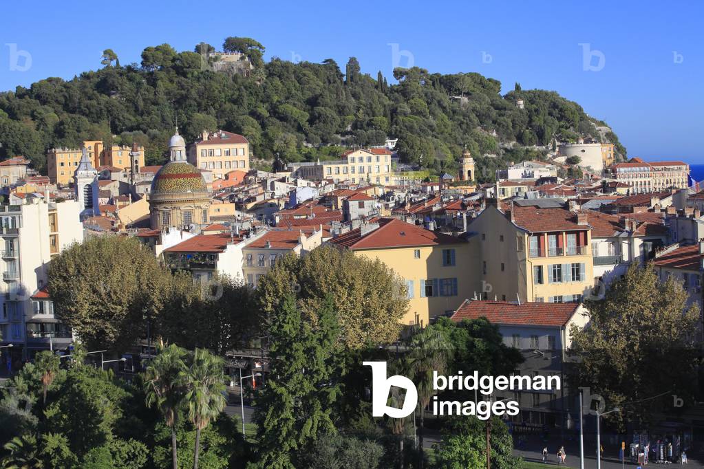Nice. Old town. and the hill of the castle. The cathedral      ' Sainte reparate'.  French Riviera (Alpes-Maritimes), France.