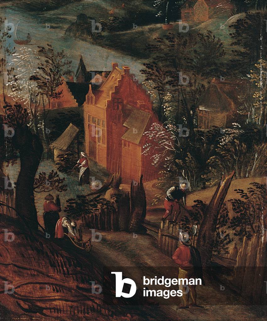 Landscape, Peasants and Houses, early 17th century (oil on panel)