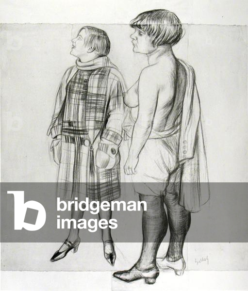 Two models, c.1926 (coloured crayon and w/c on paper) (b/w photo)