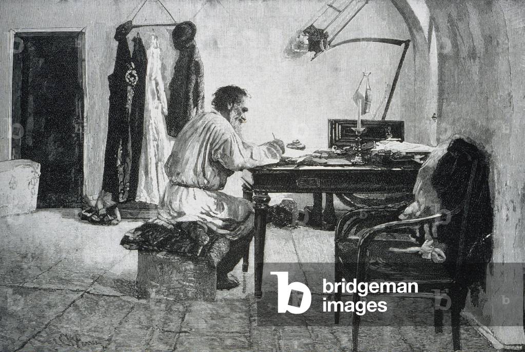 Leo Tolstoi (1828 - 1910) in seinem Büro, 1892 (Kupferstich)