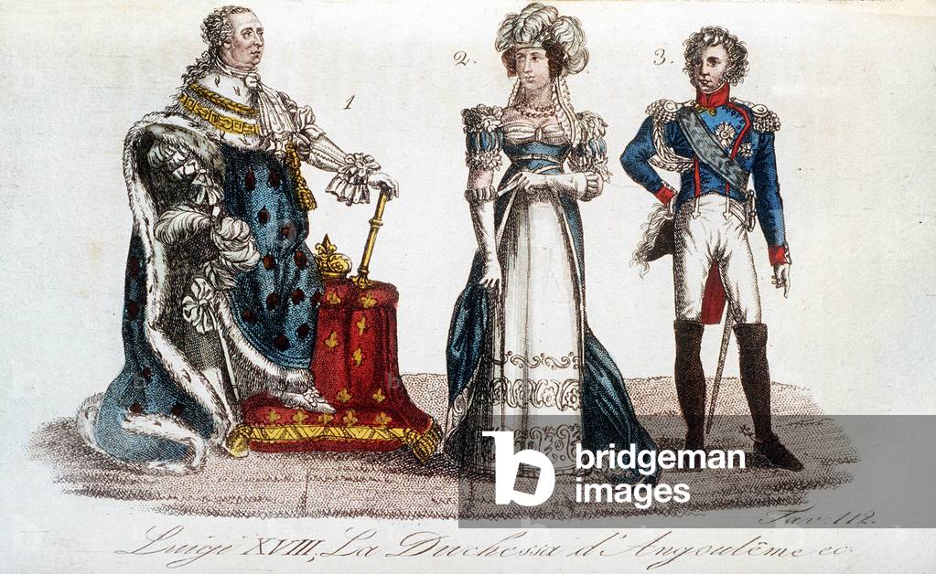 Illustriertes Board für die Kostüme der Zeit des Königs von Frankreich Ludwig XVIII. (1775-1824) 1) Ludwig XVI