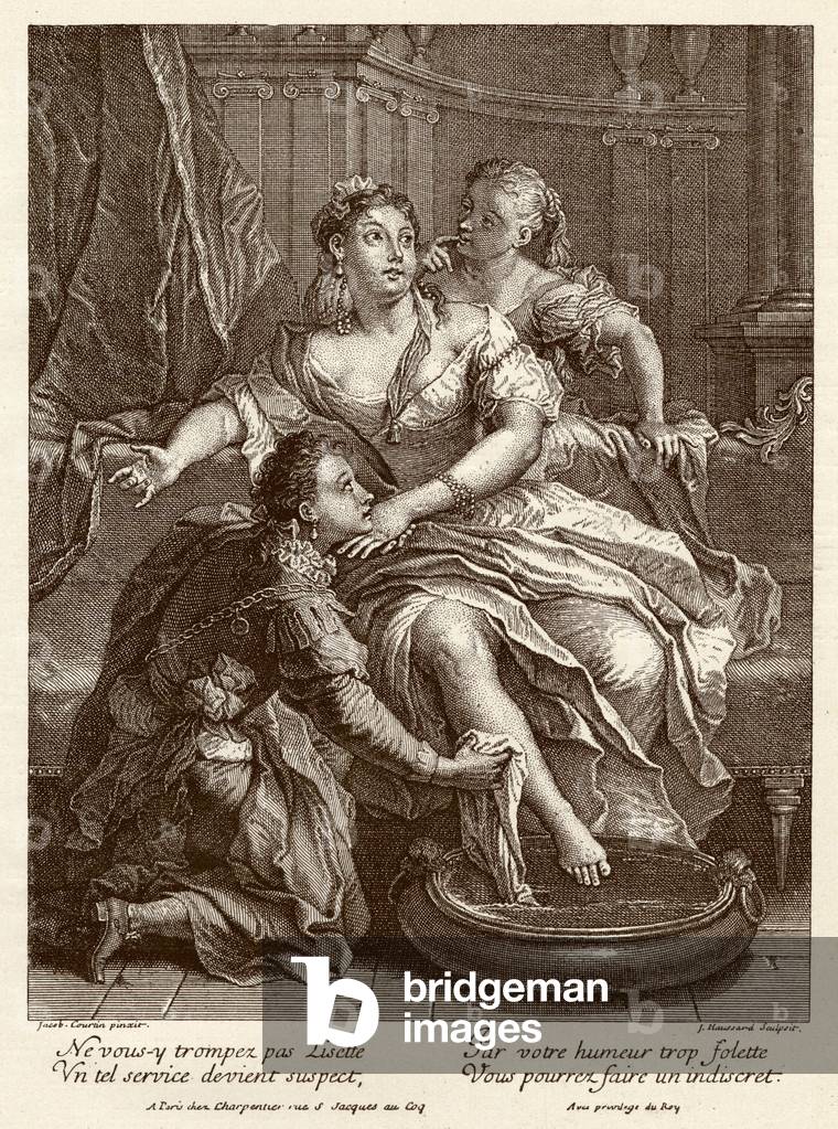 "Fußbad: Ein junger Mann wäscht die Füße einer Dame in einem Becken. Stich von Jakob Courtin" 1725, b/w
