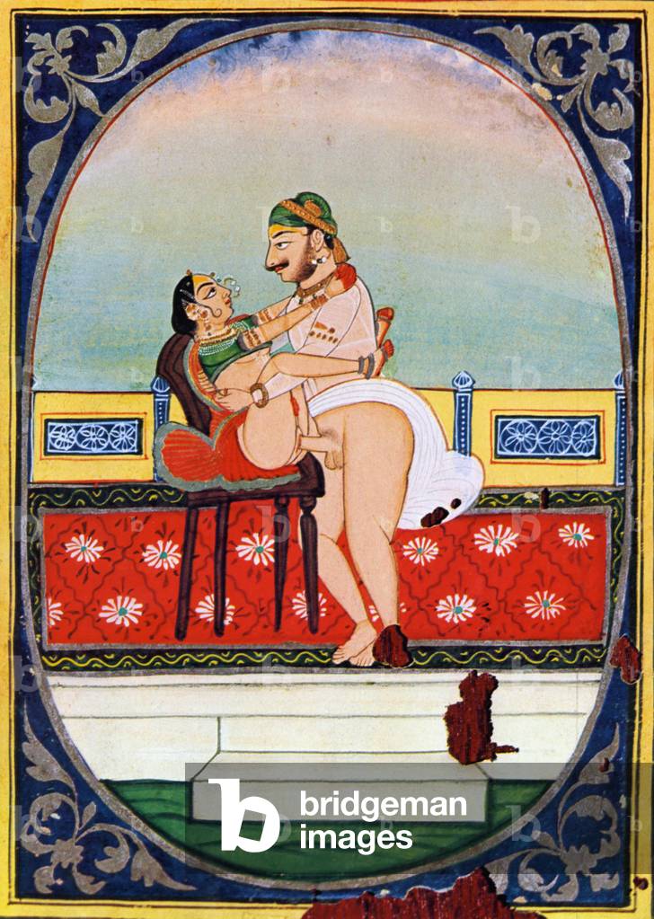 Due amanti si guardano intensamente durante il sindacato. Miniatura indiana dopo un'edizione della Kamasutra d