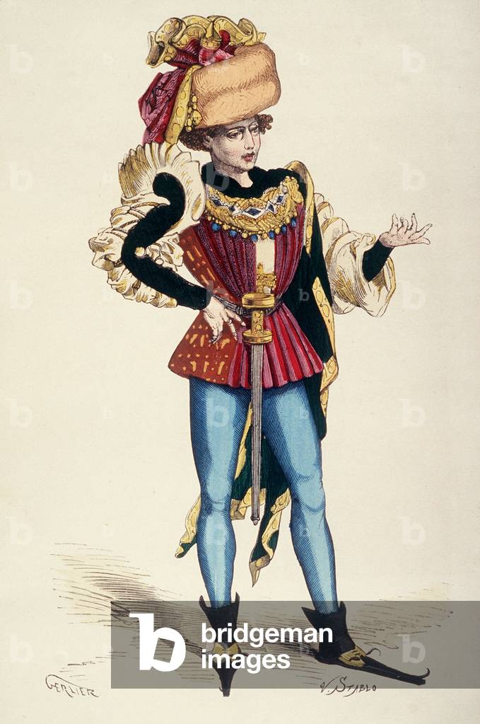 Mode 1480: ein junger eleganter Pariser, trägt er am Fuße der Fohlen, spitze Schuhe. Aquarell aus dem 15. Jahr