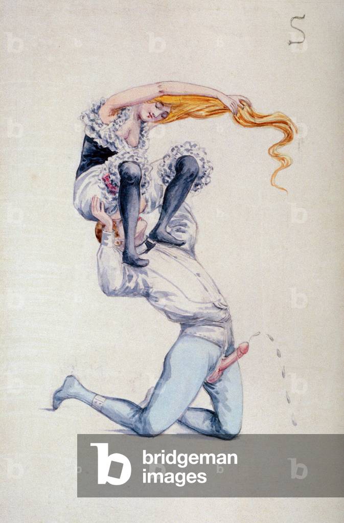 Erotisches Alphabet: Buchstabe S. Aquarellzeichnung des 19. Jahrhunderts.