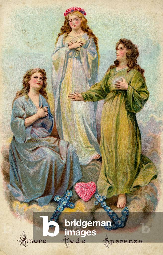 Love, Faith and Hope vertreten durch drei junge Frauen und drei Blumenarrangements: ein Kreuz aus blauen Blume