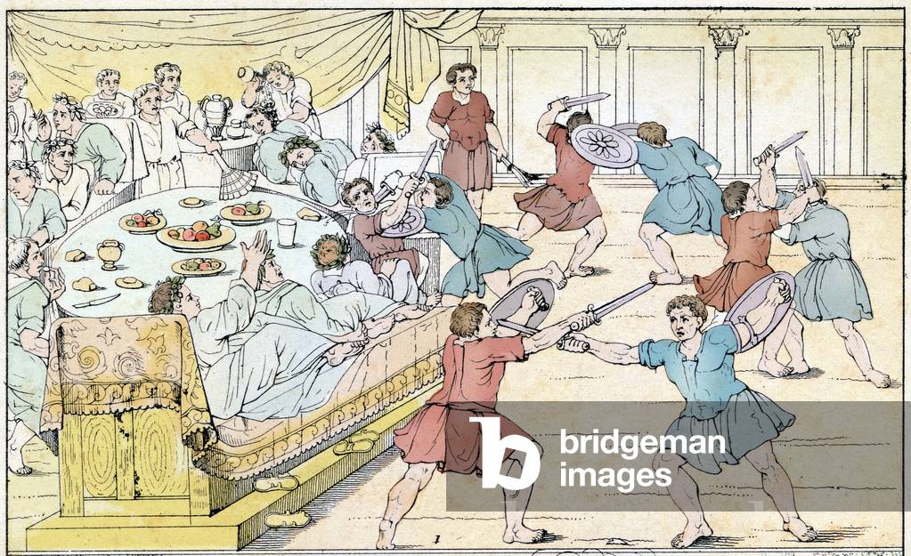 Il gladiatore combatte durante un pasto imperiale - Foto di «enciclopedia illustrata divulgativa tedesca (Carl