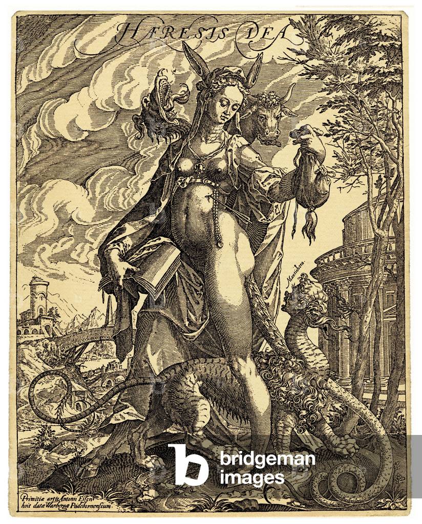 Die Gottheit von Heresia, eine allegorische Figur in Form einer Frau mit Eselsohren, die ein Buch mit zerrisse