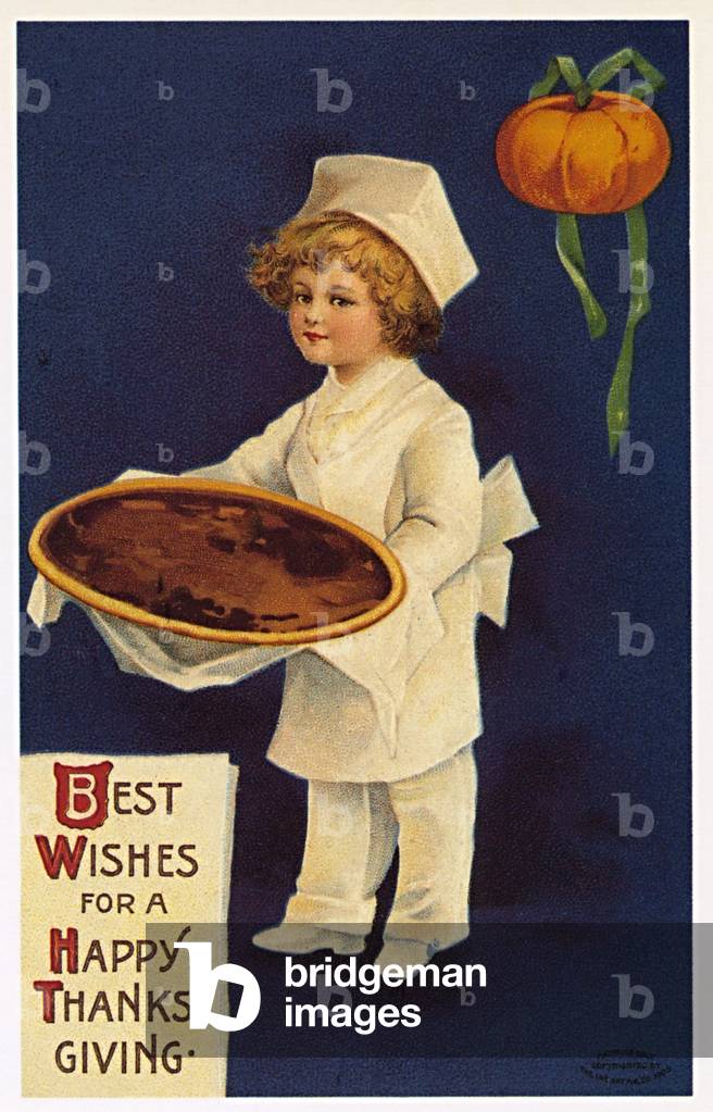 Thanksgiving: greeting card with a child dressed as a cook presenting the traditional dish, 1909 (chromolithog